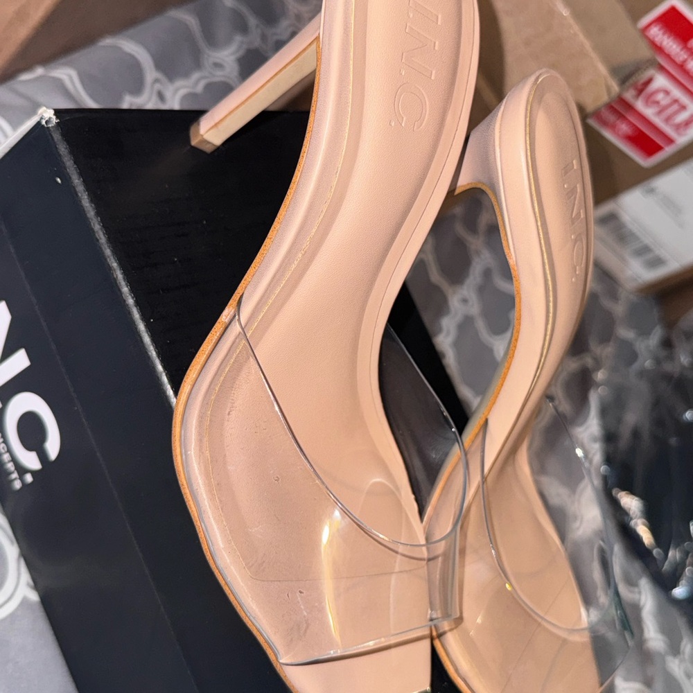 INC International Concepts Nude Clear Strap Slingback Mules